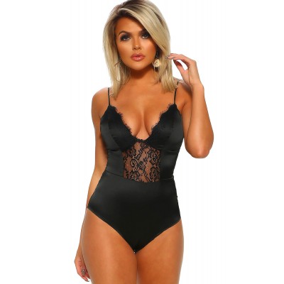 Touch Of Glamour Black Satin Lace Detail Bodysuit